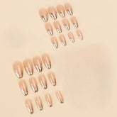 VIBEFICANT GLAZE Nude Medium Almond French Tip Gold Embossed Press on Nails
